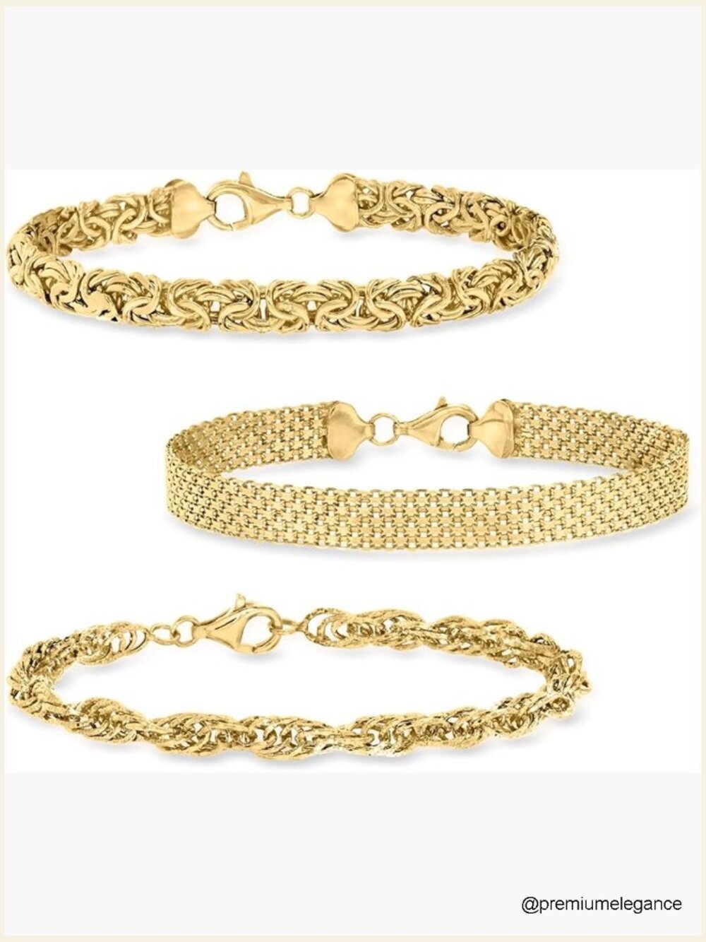 18K Gold Over Silver 3 Link Bracelets Set Rope Chain Bismark Byzantine